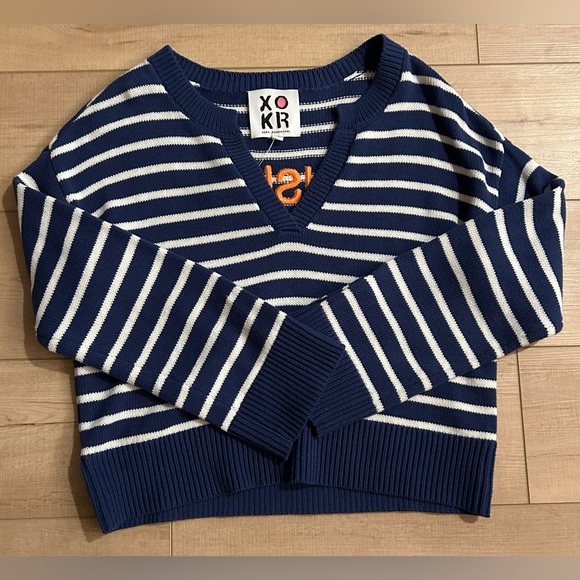 Kerri Rosenthal Striped Navy and White Sweater with Orange Text - Picture 1 of 6